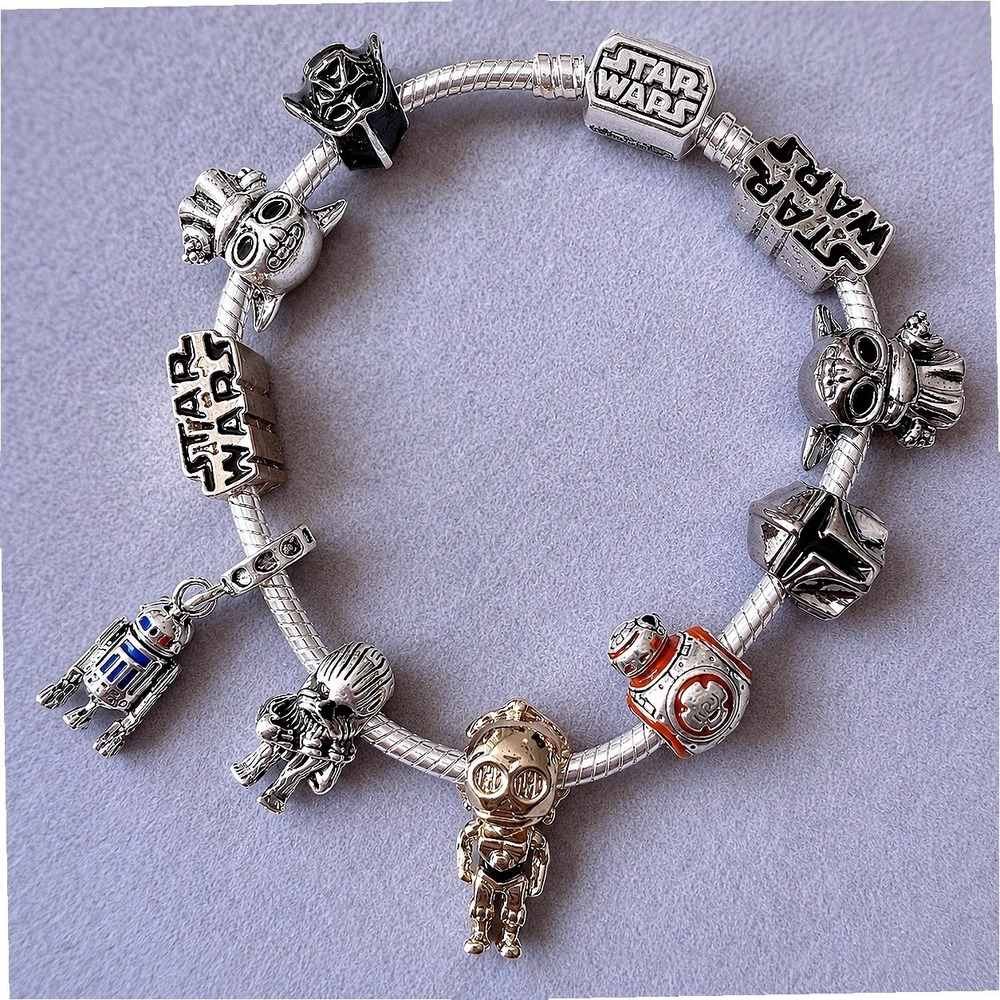 Star Wars Charm Bracelet 11 Charms Yoda Darth Vader R2-D2 fits PANDORA